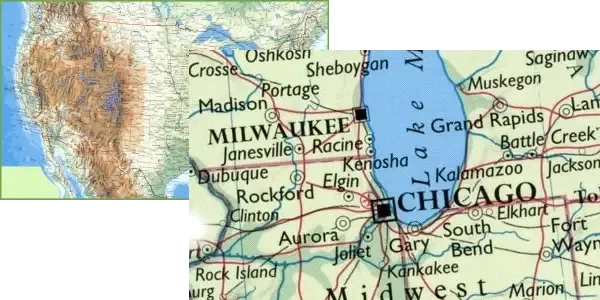 A relief map of the United States, and the same map zoomed in on Chicago and Milwaukee with every town name readable